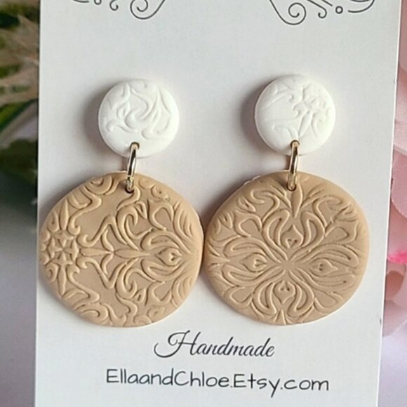 Beautiful Handmade Clay Taupe Colourblock Round Circle Drop Statement Earrings - Picture 1 of 2